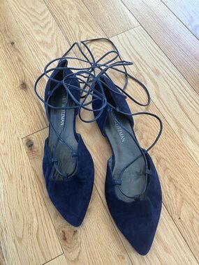 Stuart Weitzman Navy Suede Pointed Lace-Up Flats